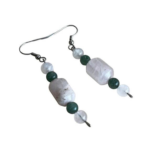 Jadeite and Quartz Hook Earrings, Vintage Drop Earrings - Picture 2 of 5